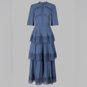 Q Ellie Makir Cobalt Blue Lace Pleated Tier Dress